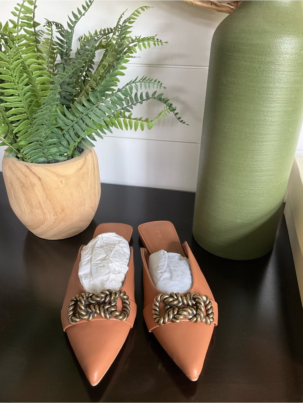 Open Edit Pointed Leather Slip-On Mules with Ornate Gold Chain